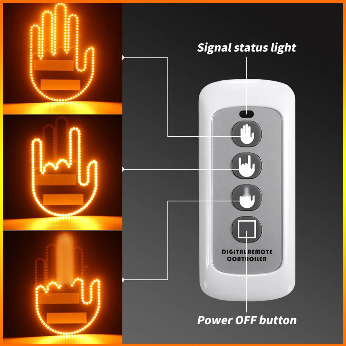 Car Finger Light with Remote Orange Three Kinds of Hand Gesture Light Car Back Window Decor Vehicle Accessories for Men & Women