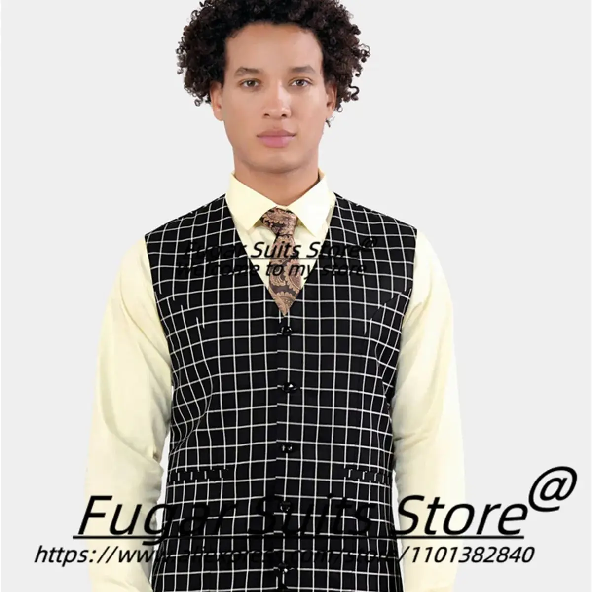 Business Black Background and White line Small Grid Men Suits Slim Double Breasted 3 Pcs Sets Business Male Blazer Ropa Hombre