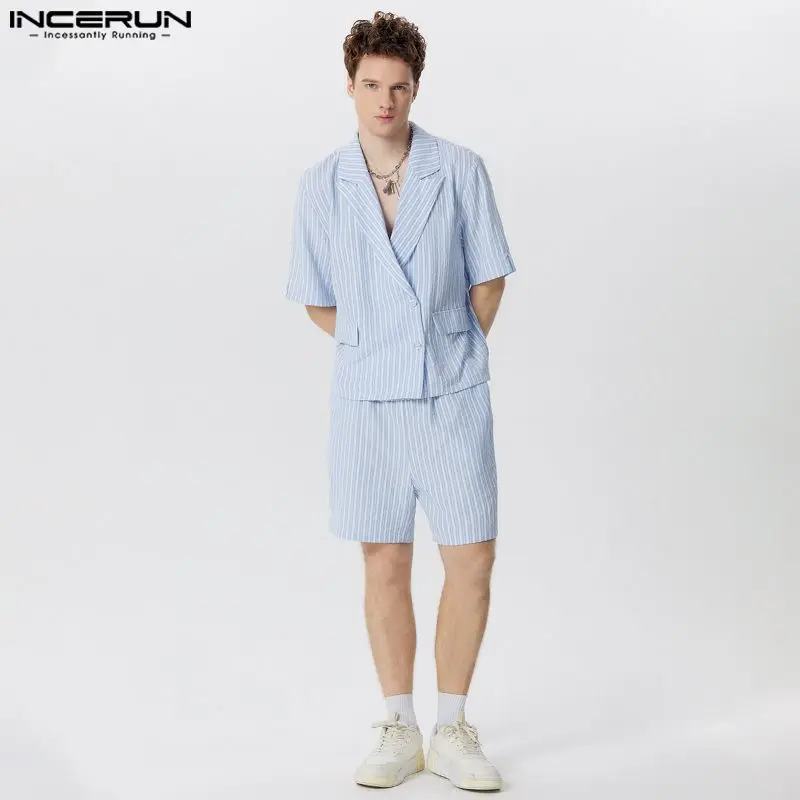 INCERUN Men Sets Solid Color Lapel Short Sleeve Blazer & Shorts Two Pieces Sets Summer Streetwear 2024 Fashion Men Casual Suits