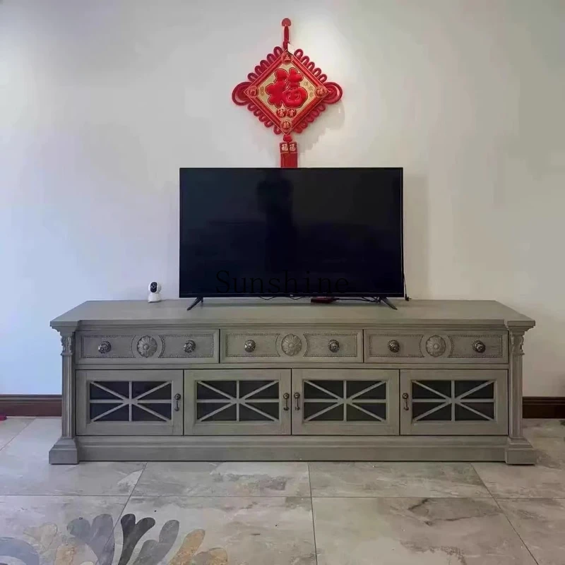 American Fuxing TV Cabinet Solid Wood Retro Carved Entrance Storage Living Room Audio-visual