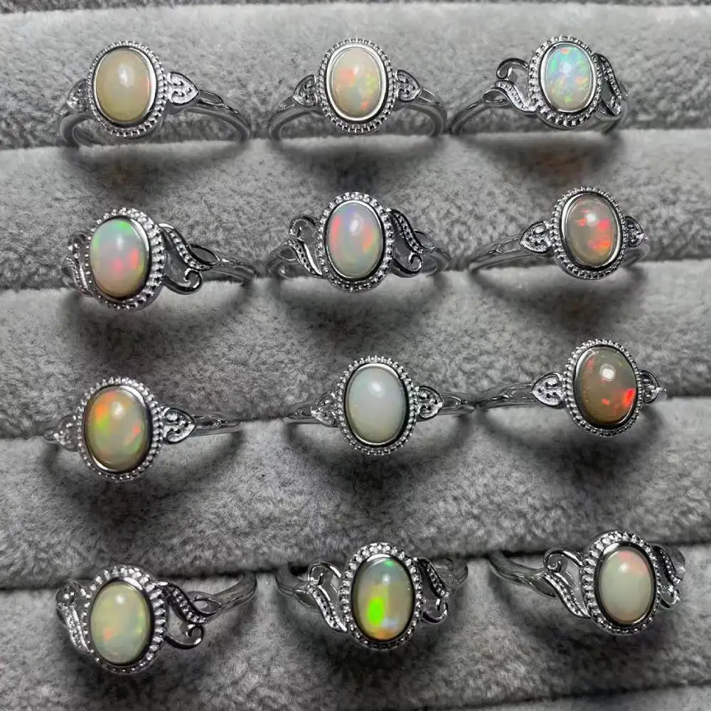 4rings/set AKAC approx5*7mm natural fire opal white copper adjustable ring  wholesale send randomly