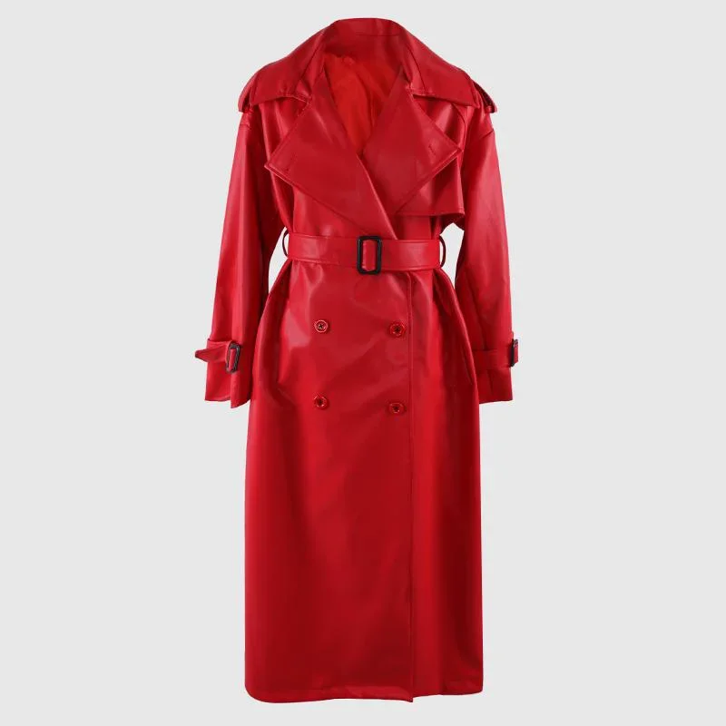 Autumn Winter Long Red Black Pu Leather Trench Coat for Women Double Breasted Luxury Elegant Chic Overcoat