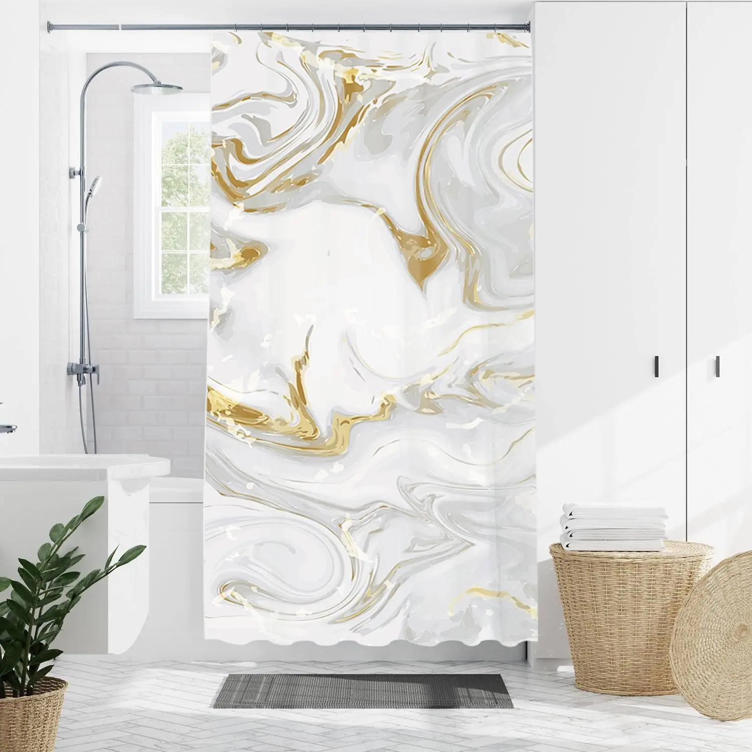 

White Gold Marble Shower Curtain Luxury Vein Pattern Bathroom Decor Elegant Stone Look Bath Curtain for Home Decoration