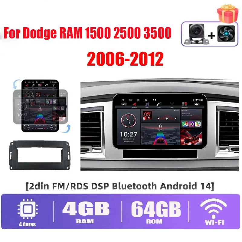 

10" 4-64GB Car Radio Wireless CarPlay For Dodge RAM 1500 2500 3500 2006-2012 Android Auto Head Unit Double DIN Car Multimedia Pl