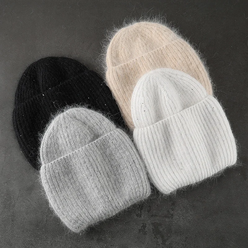 2022 Rabbit Fur Warm Knit Beanie Women Winter Hats Sequins Bling Thick Knitted Skullies Beanies for Woman Gorros Female Cap