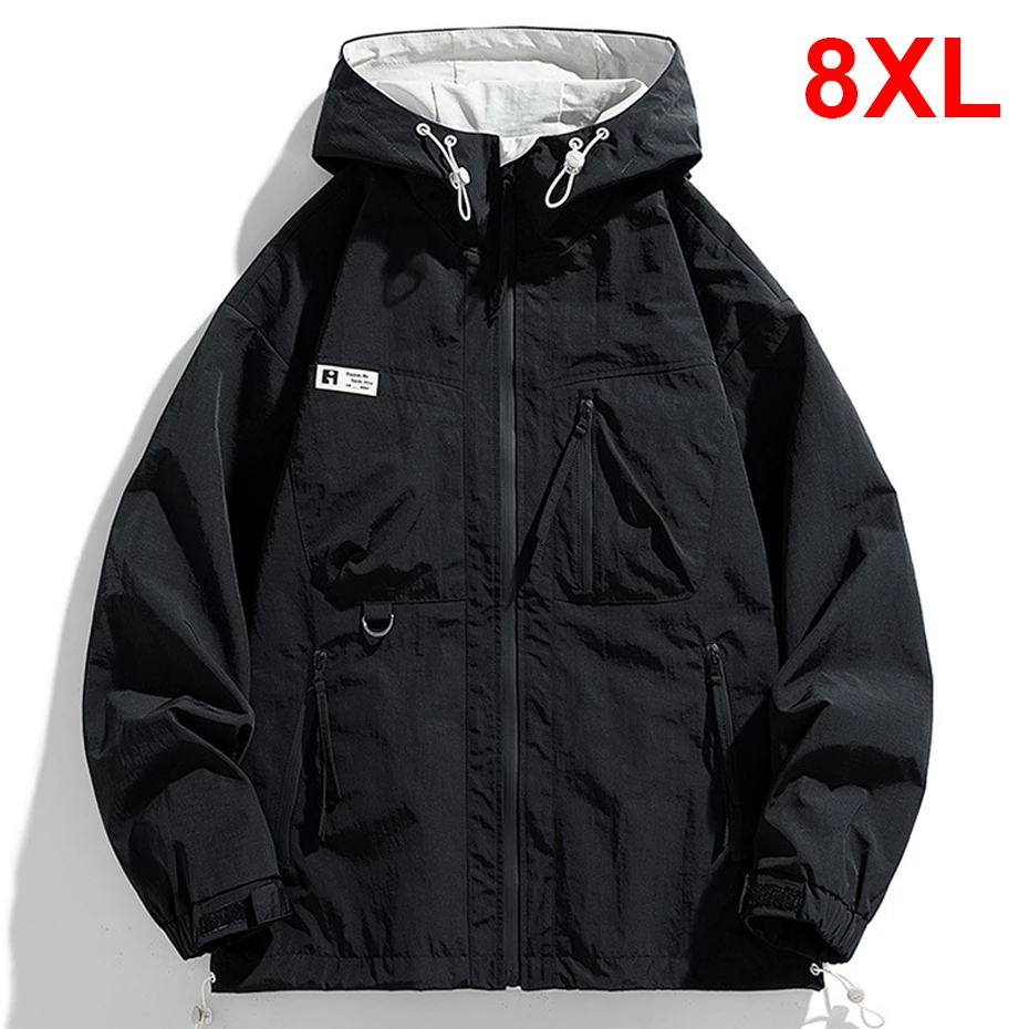 8XL Plus Size Windbreaker Jacket Men Hooded Cargo Jacket Coat Male Fashion Causal Solid Color Camping Jackets Male
