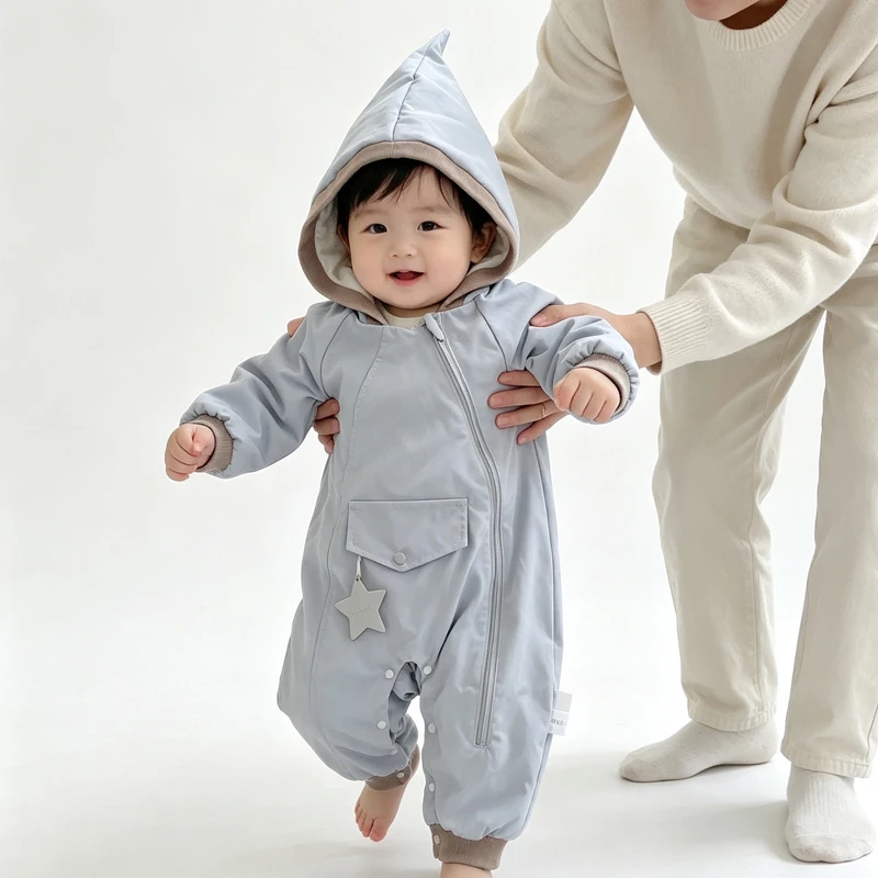IYEAL Baby Pointed Hooded Romper, Thick Warm Long Sleeve Zipper Jumpsuit with Star Pendant, Infant One Piece Outfit for Autumn