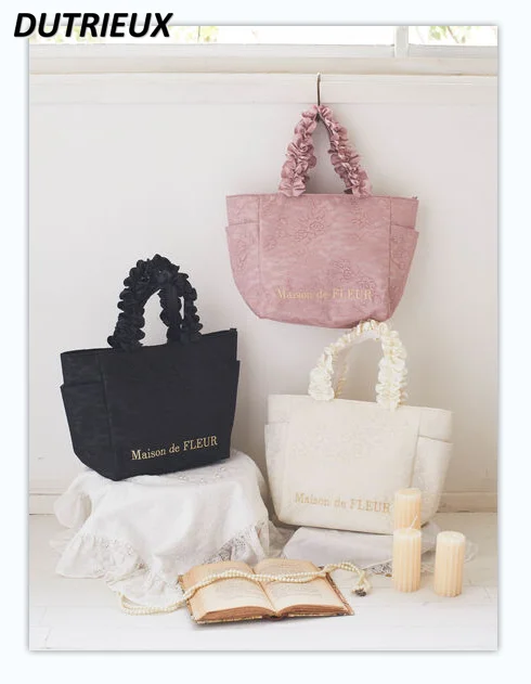 Japanese Style Spring and Summer New Handle Lace Satin Zipper Side Bags Shopping Handbag Female Lolita Pink Women's Tote Bag