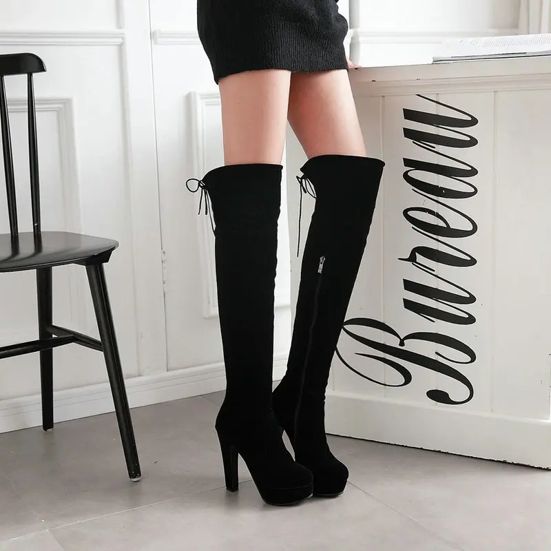 Velour Velvet Black Red Mature Sexy Women Overknees Winter Warm Shoes Platform Block Thick High Heels Over-the-knee Thigh Boots