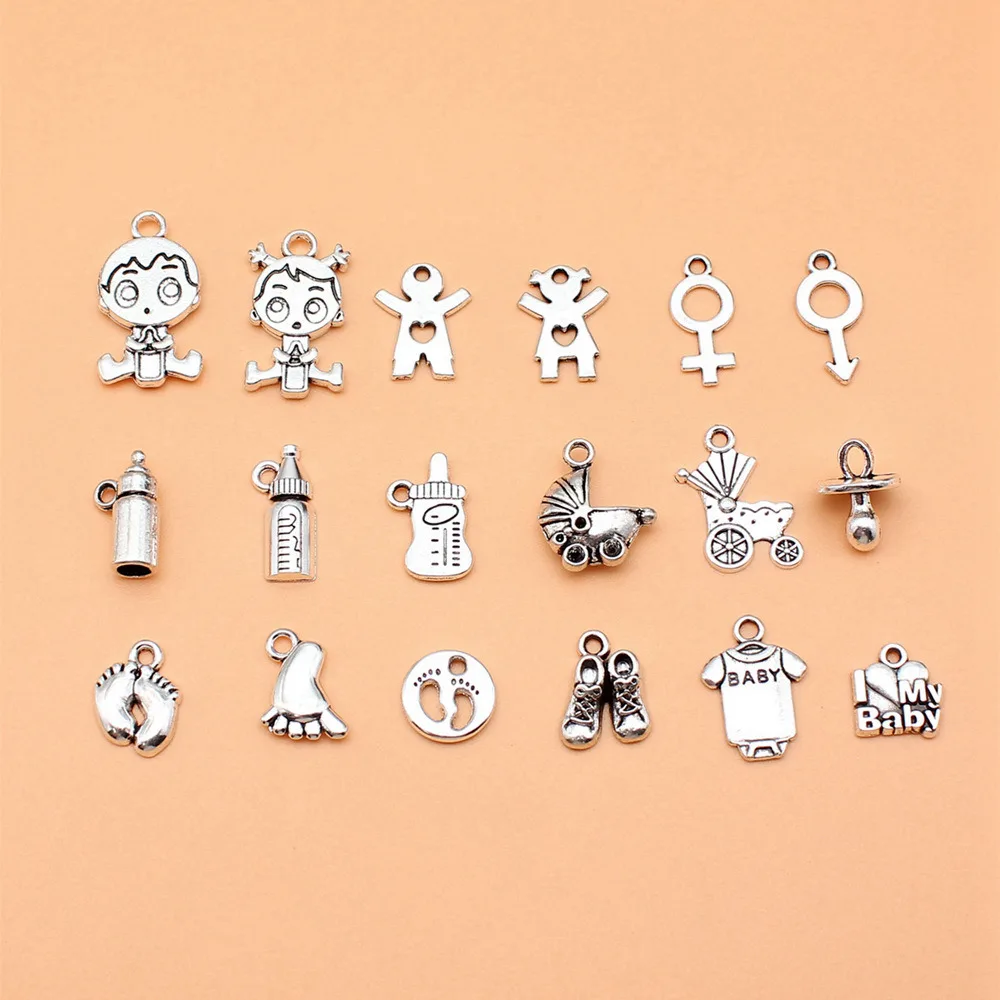 Supplies For Jewelry Antique Silver Color Baby Bottle Pacifier Stroller Feet Charms Collection  Cute Ornaments 18pcs