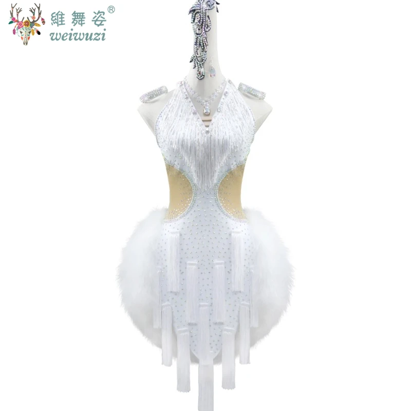 ملابس رقص اللاتينية المرأة مخصصة الراقية الأبيض ريشة شرابة فستان التانغو تشا تشا سامبا أزياء مسرحية المهنية