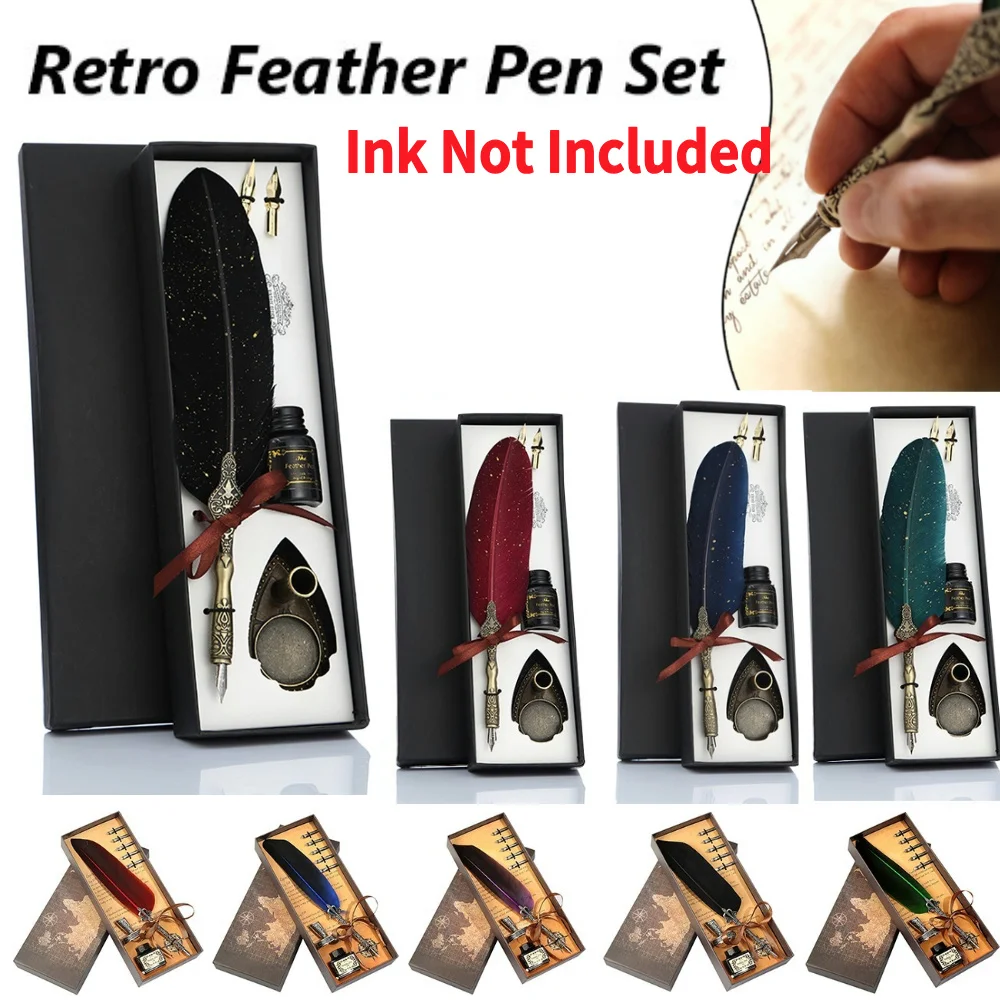 Retro Feather Dip Fountain Pen Vintage Calligraphy Writing Ink Pen Sets Creative Stationery Quill Pen Art Supplies Crafts Gifts