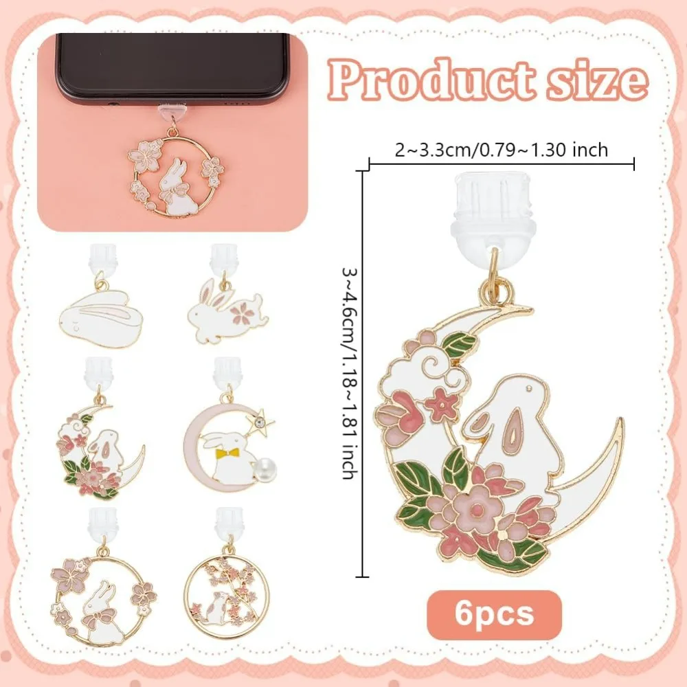 6Pcs Dust Plug Charm Type-C USB Port Dust Plugs with Rabbit Pendants Lovely Rabbit Mobile Dust Plugs Small Rabbit making kit