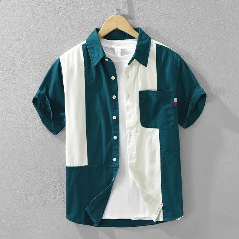 

Patchwork Short Sleeve Shirt for Men Pure Cotton Turn-down Collar Casual Shirts Summer New Male Fashion Clothing