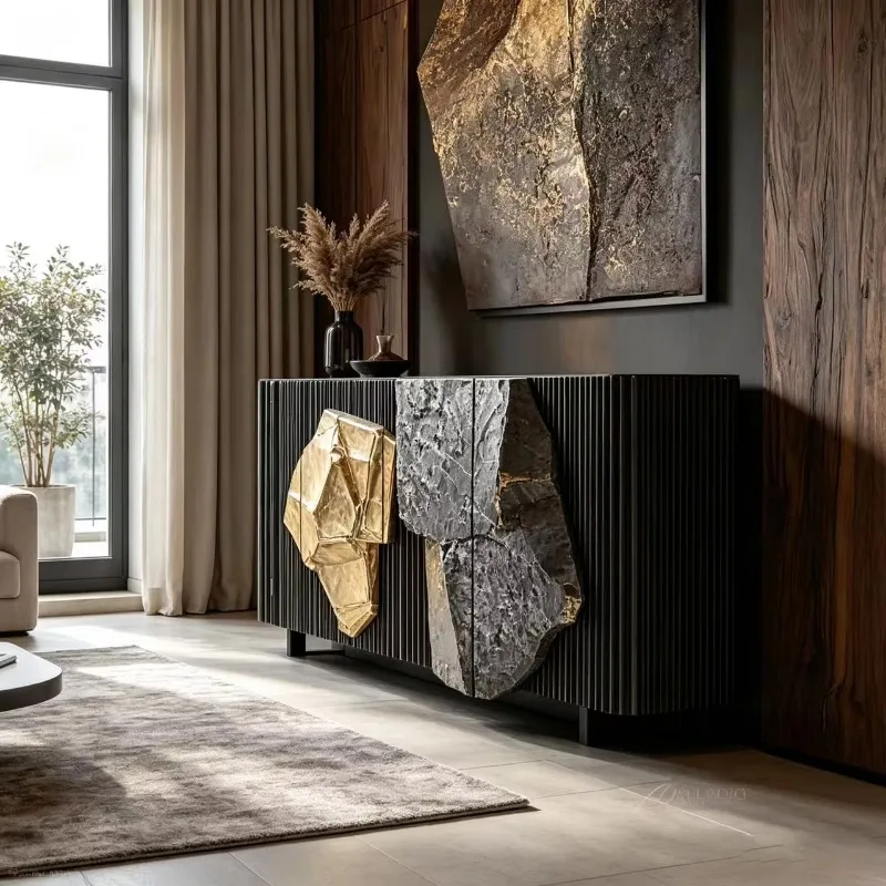 Postmodern handmade black gold sideboard, 3D faceted diamond rock door wooden storage cabinet