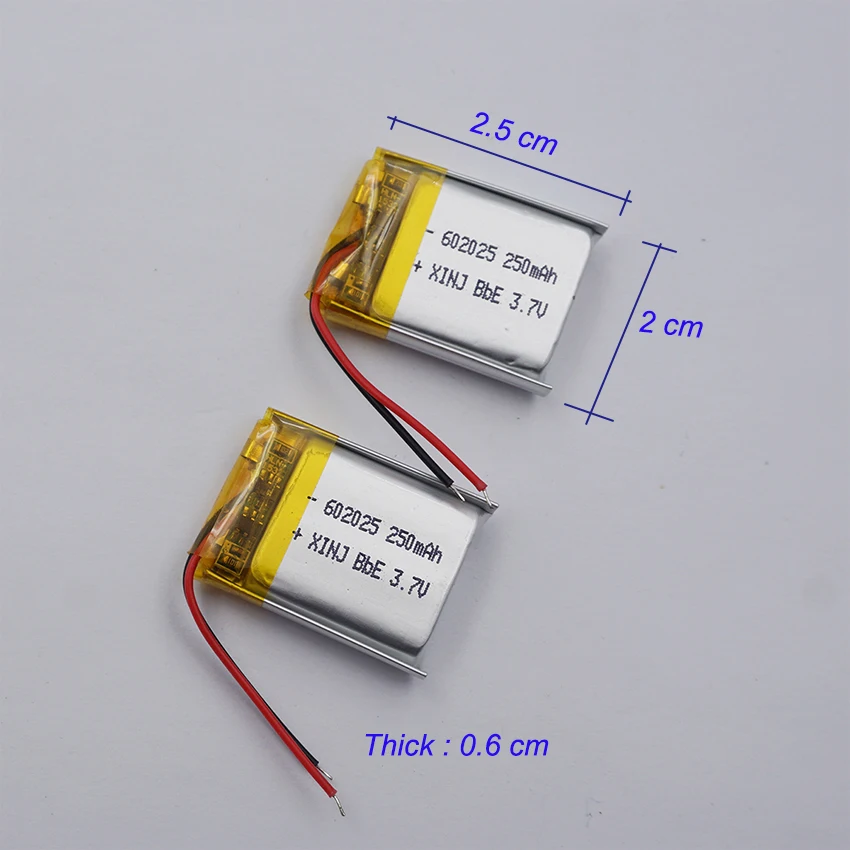 2pcs 3.7V 250mAh 0.925Wh Polymer Li Lithium Battery 602025 Li-ion For Bluetooth Speaker Headphones GPS Sat Nav Driving Recorder