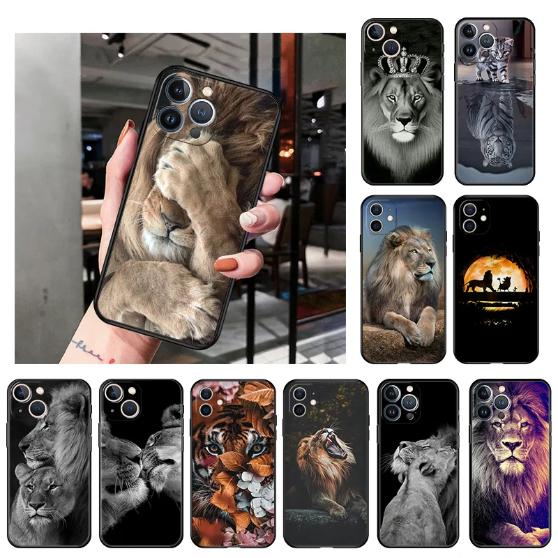 Camera Protection Silicone Phone Case for iphone 14 13 11 12 Pro XS Max Mini XR SE 8 7 Plus X Tiger Lion King Soft Black Cover