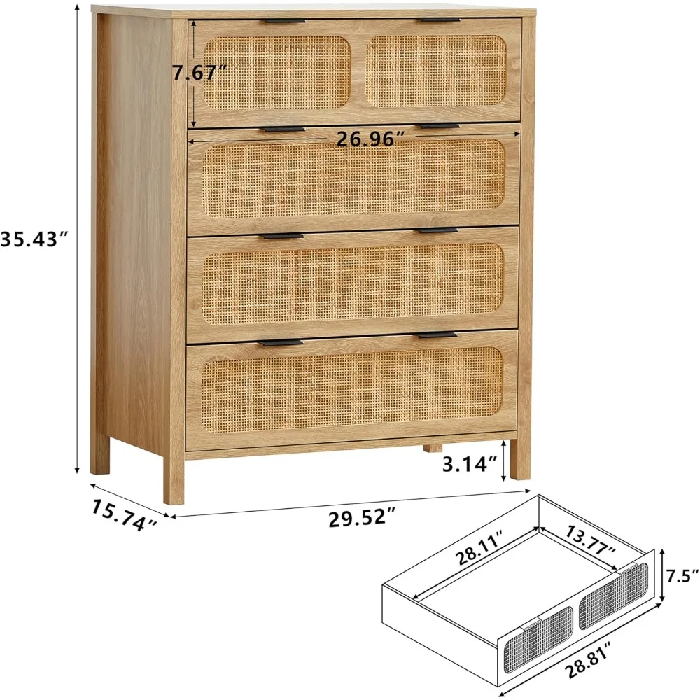 4 Drawer Dresser Set of 2, Rattan Dressers Storage Cane Cabinet, Wooden Chest of Drawers Dresser for Bedroom, Entryway