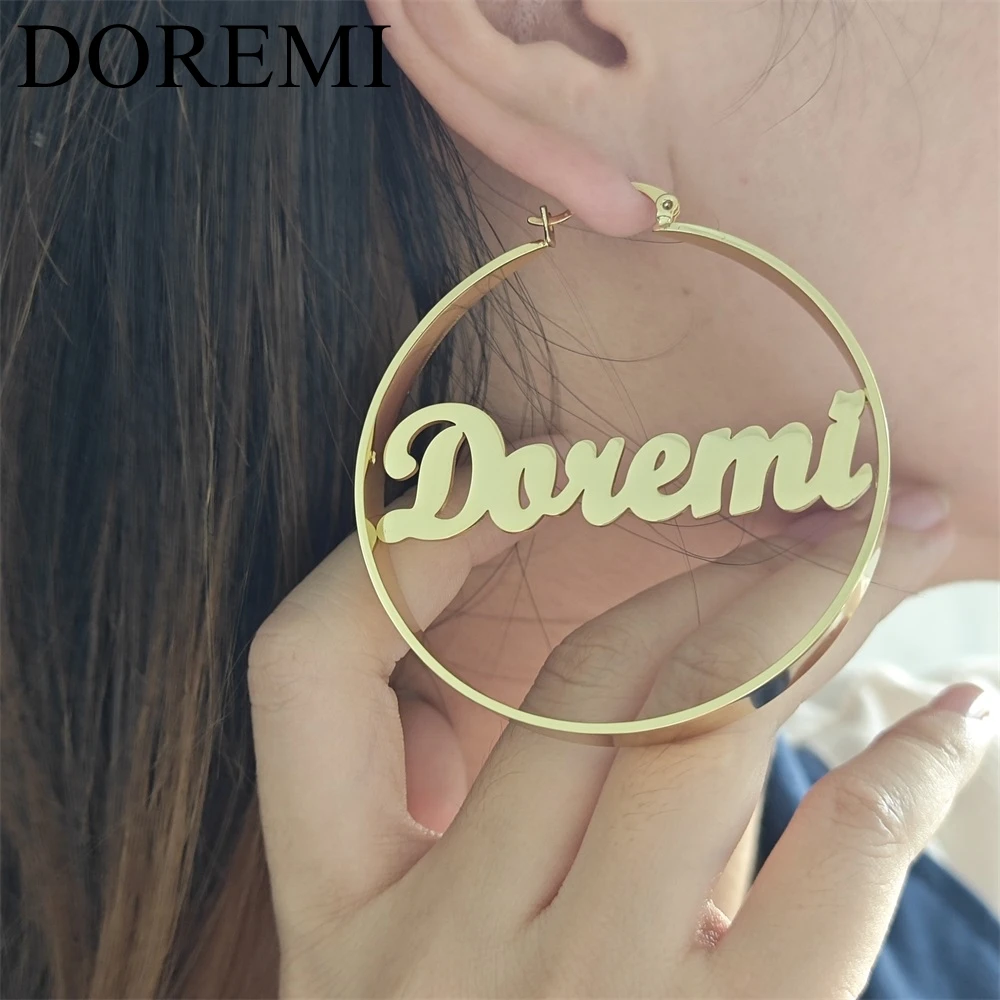 

DOREMI Stainnless Steel Personalized Name Earring Hoop Wide Earrings Customized Name Exaggerated Punk Women Big Gift Jewelry