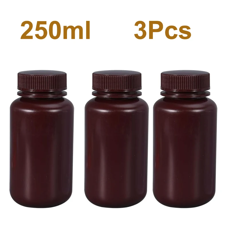 

8.4 oz Plastic Bottle 250ml Lab Reagent Bottle Sealed Leak-proof Amber HDPE Bottle for Pill Bottle Water Sample Bottle，3Pcs