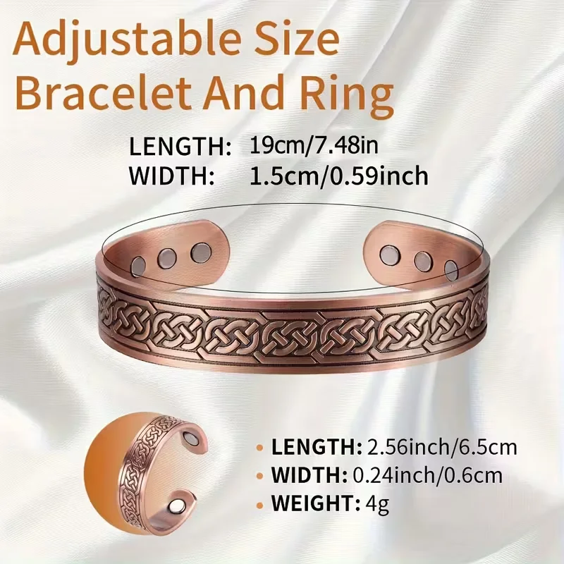 2Pcs Magnetic Copper Bracelet and Ring Set for Men, Adjustable Celtic Design, Natural Anti-Inflammatory Jewelry, Ideal for Chris