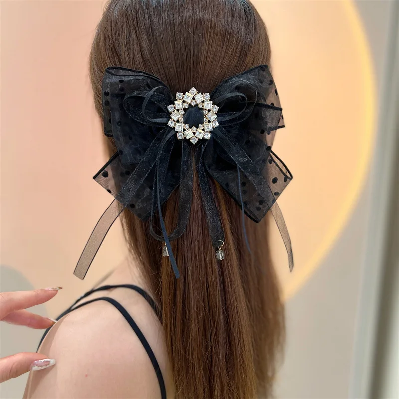 Korean temperament high-end lace hair clip,polka dot bow,ponytail spring clip,large rhinestone top clip,horizontal clip hair