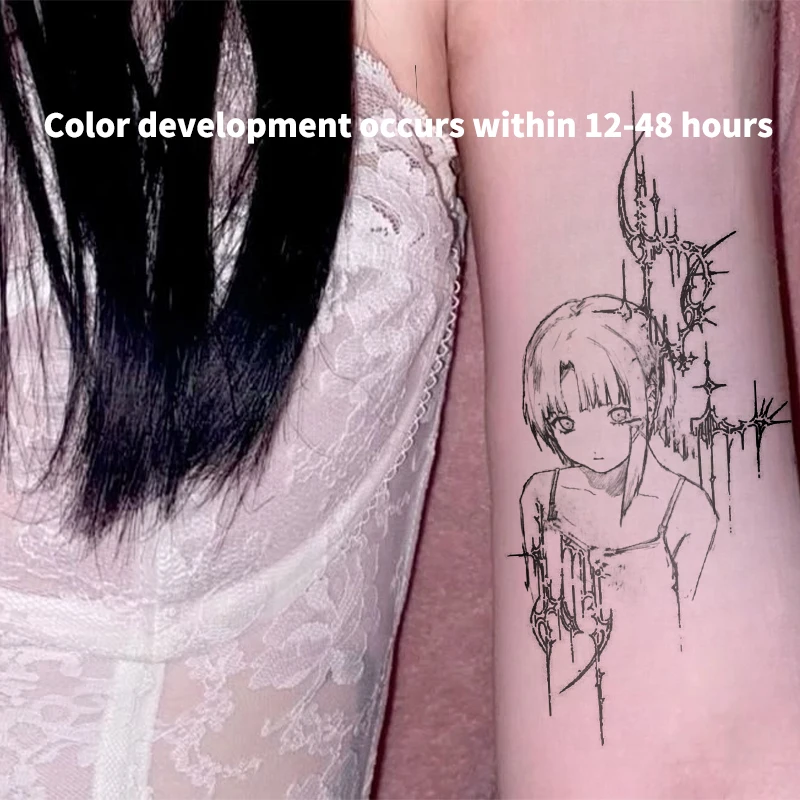 Waterproof Herbal Juice Temporary Tattoo Sticker Anime Dark Girl Thorn Pattern Fake Tattoo for Men Women Arm Body Art Cosplay