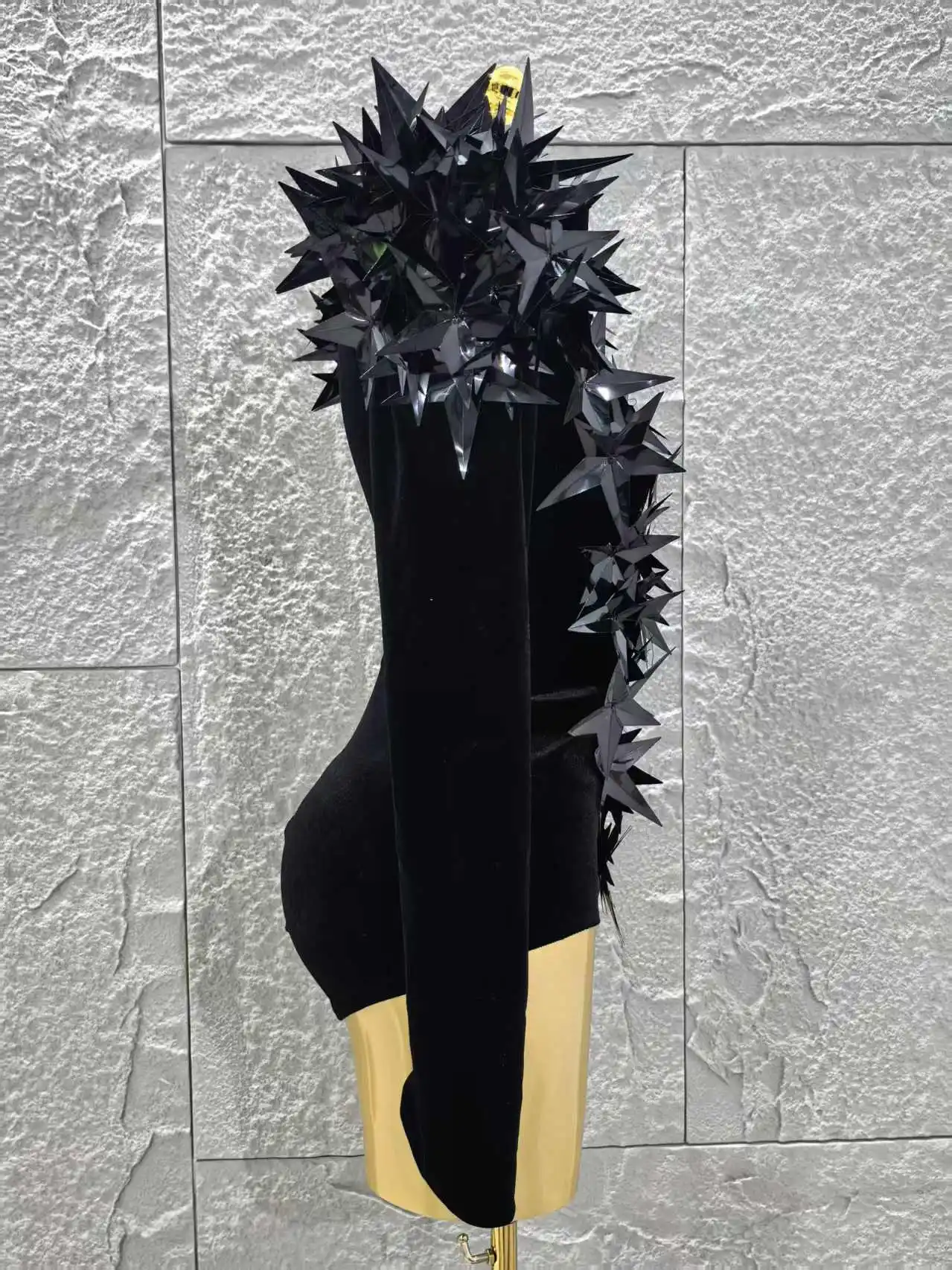 Women Evening Party Club Gala Hosts NightClub Bar Stage Costumes Shiny Black Rhinestone Velvet Long Sleeve Bodysuit
