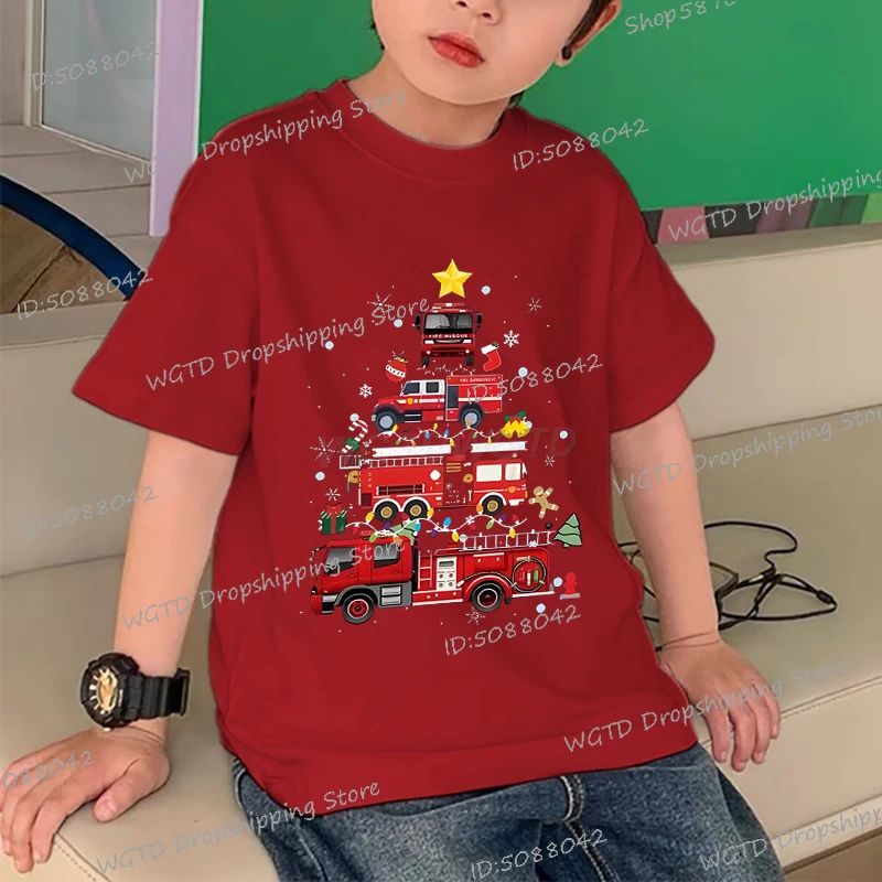 

New Kids Christmas Truck Fire Engine Print T Shirt Cotton Short Sleeve Car Graphic T-Shirt Children Short Sleeve Xmas Clothing
