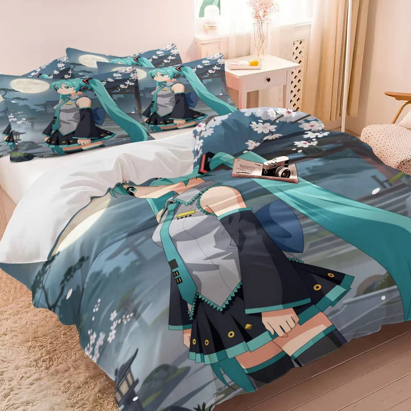 

Hatsune Miku Cherry Blossom Duvet Cover Set Anime Girl Night Scene Bedding with Pillowcases Gaming Room Bedroom Decor Fans Gift