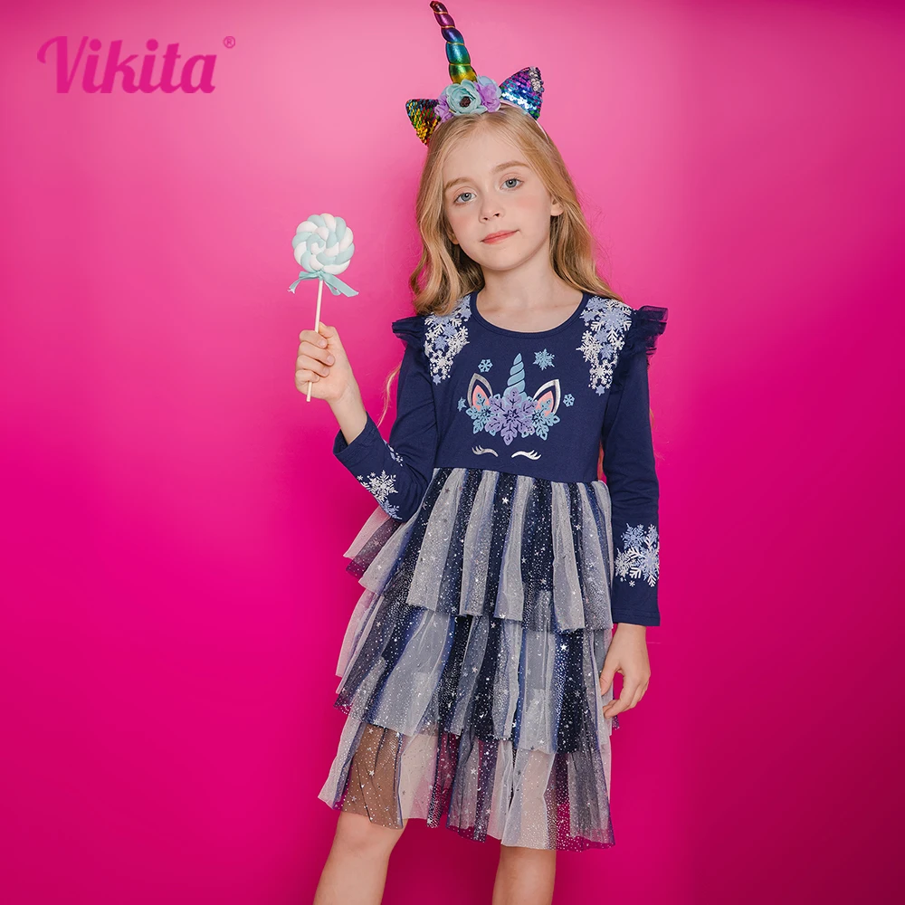 

VIKITA Girls Snowflakes Dress Kids Unicorn Cartoon Vestidos Girls Flare Sleeve Autumn Spring Christmas New Year Festival Dress