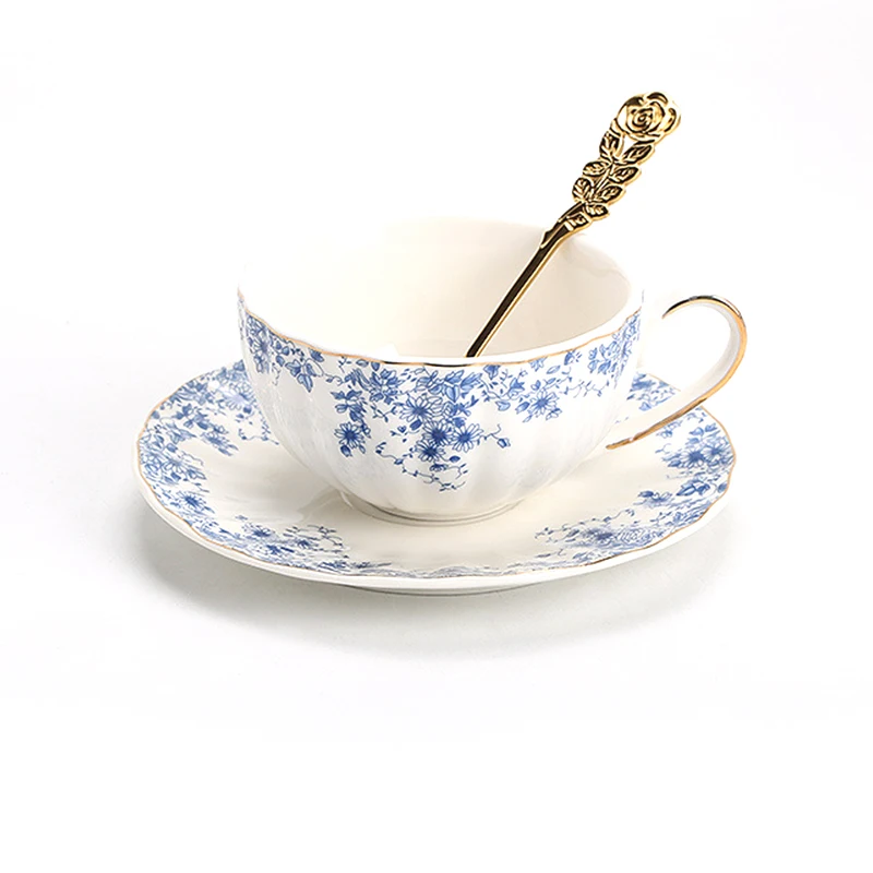 English-style Afternoon Tea Set, Flower Teapot, Heated Glass Teacup, Blue and White Porcelain Coffee Cup and Saucer