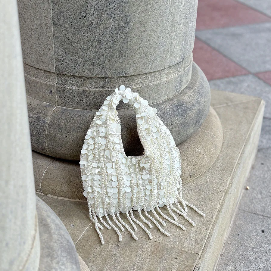 Luxury Pearls Tassel Evening Bag Elegant Beading Women Bag NEW Sequin Shoulder Bags Half Moon Hobo Handbags Wedding Party Clutch