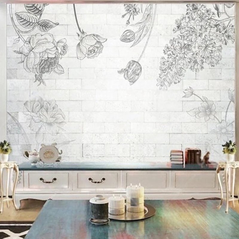 

Black and white line sketch of roses modern Nordic living room TV luxurious home decoration bedroom background wall