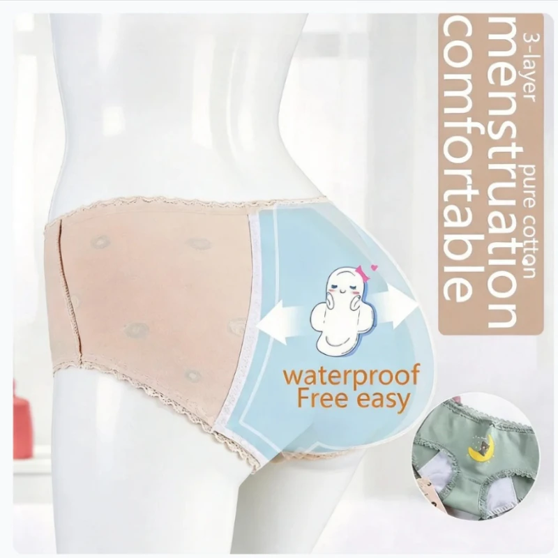 1pc Girls Period Underwear Mid-Rise Cartoon Cotton 3-Layer Leak-proof Incontinence Panties Absorbent Teen Menstrual Briefs S-XL