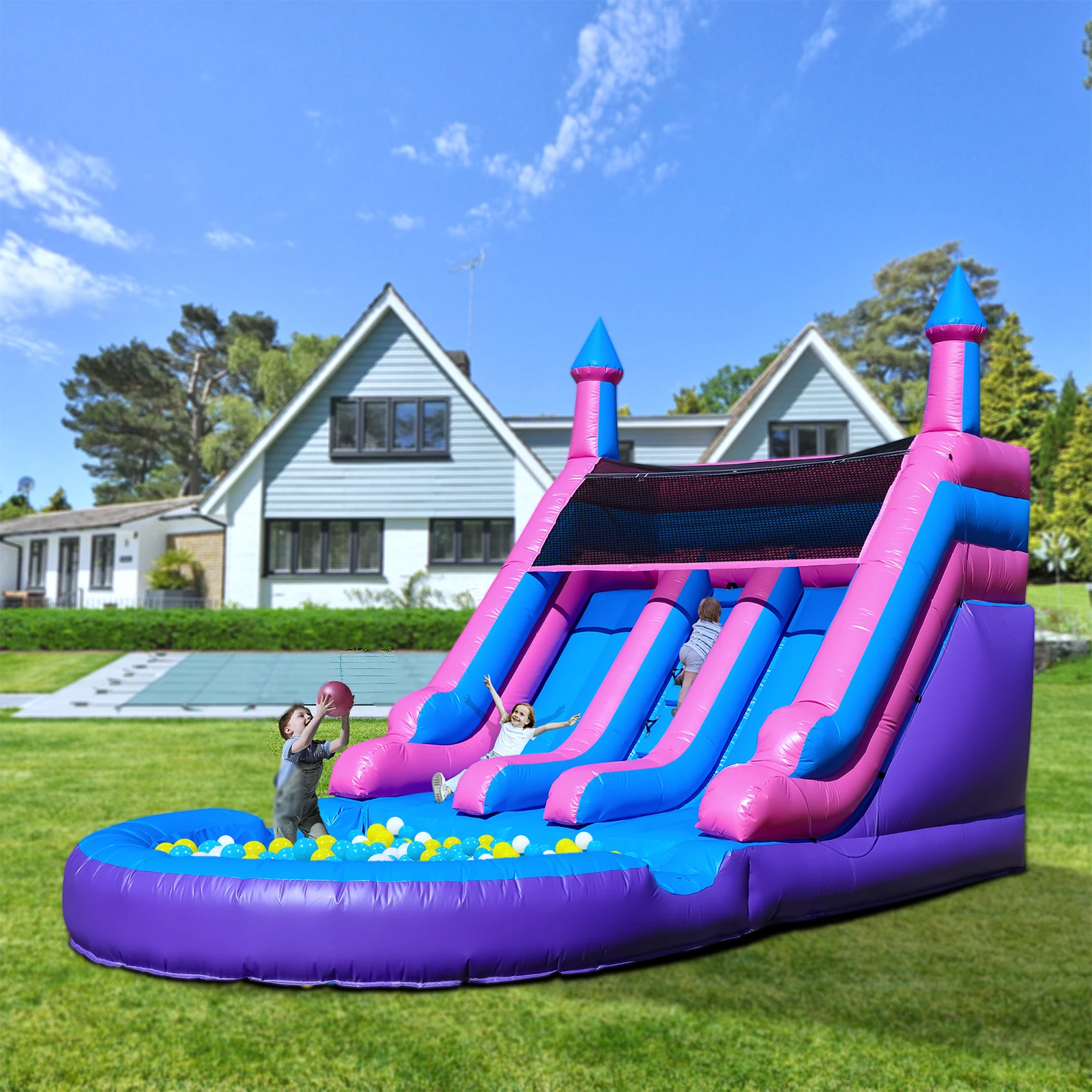 Piscina inflável comercial de corrediça de água dupla de PVC de 6,4 m com ventilador para crianças playground comercial infantil