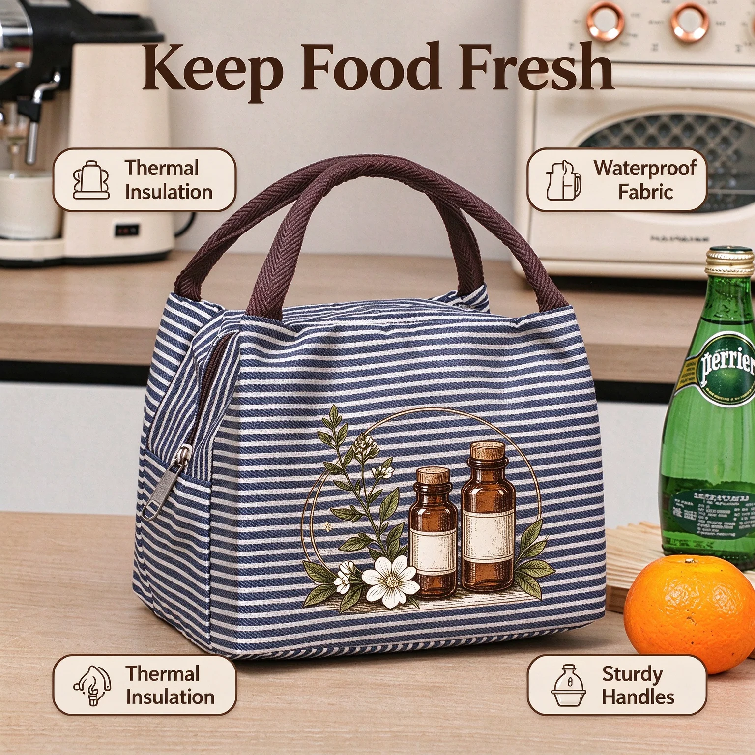Vintage Botanical Apothecary Print Insulated Lunch Bag Navy Striped Waterproof Portable Thermal Tote Bag for Women Office Picnic