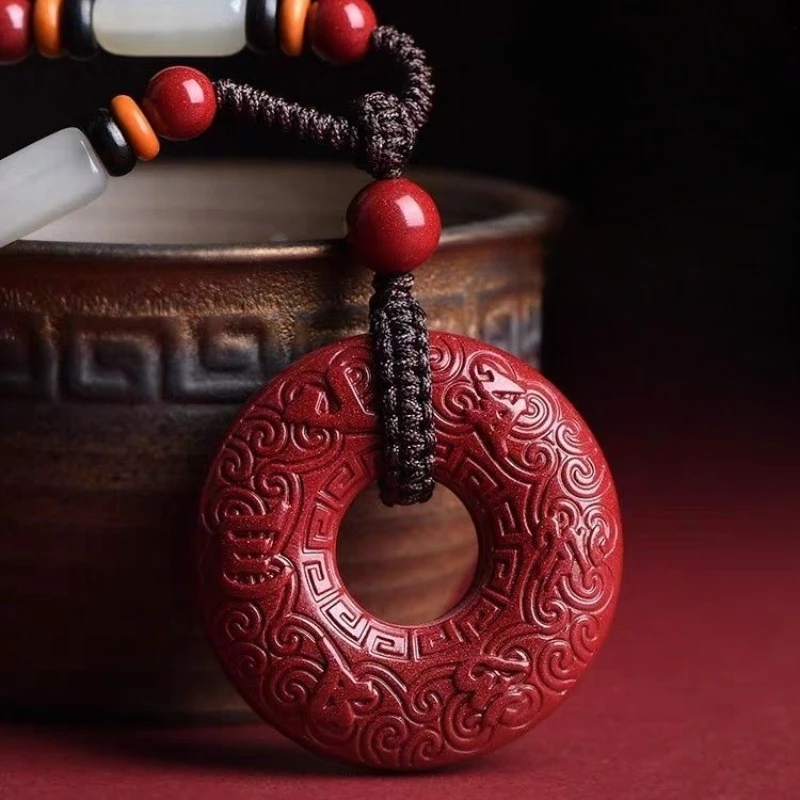 

Cinnabar Carved Safe Buckle Pendant for Men and Women's Animal Year Necklace Sweater Chain Double-sided Carved Pendant.