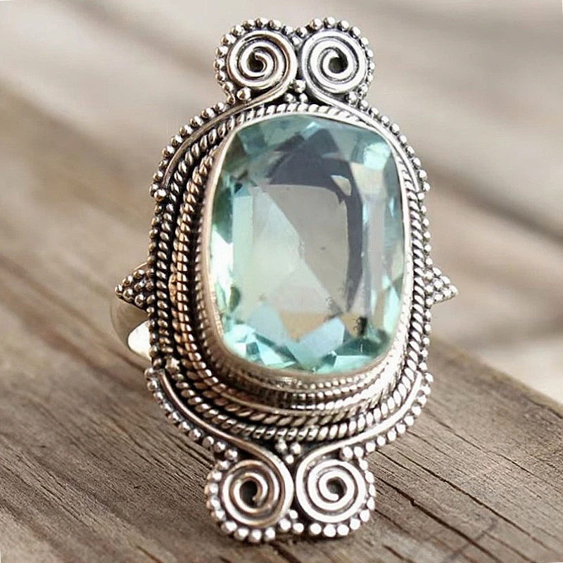 Böhmischer Stil, eingelegter quadratischer blauer synthetischer Zirkonia-Ring für Damenmode, Vintage-Stil, Bankett, Urlaub, Schmuck, Accessoires, Geschenke