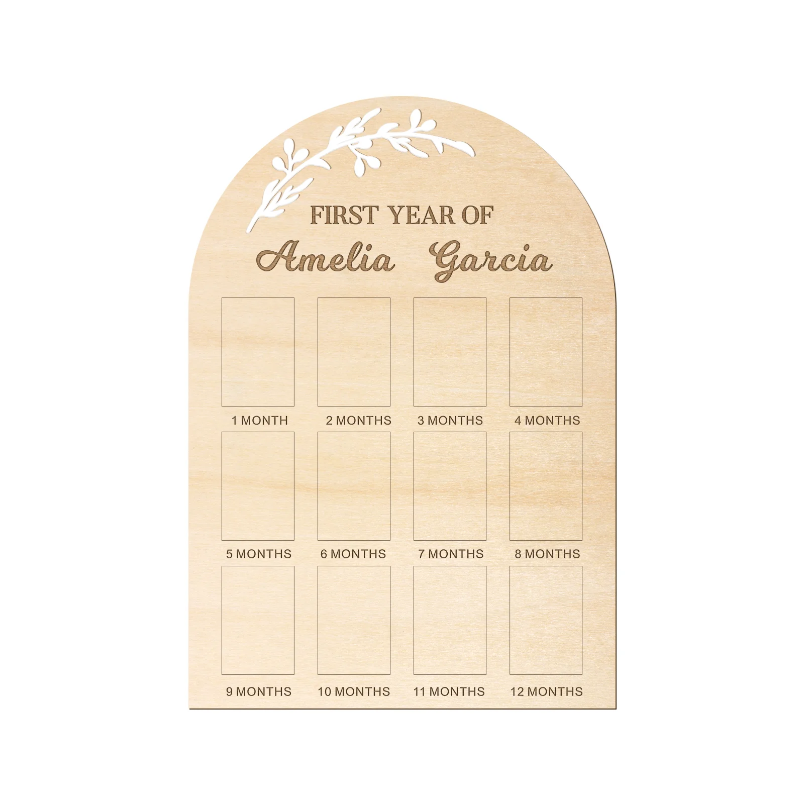 

Personalizaed FIRST YEAR OF My First Year Wooden Photo Board with White Leaves Design Custom Name– 12 Photo Slots for Baby Mile