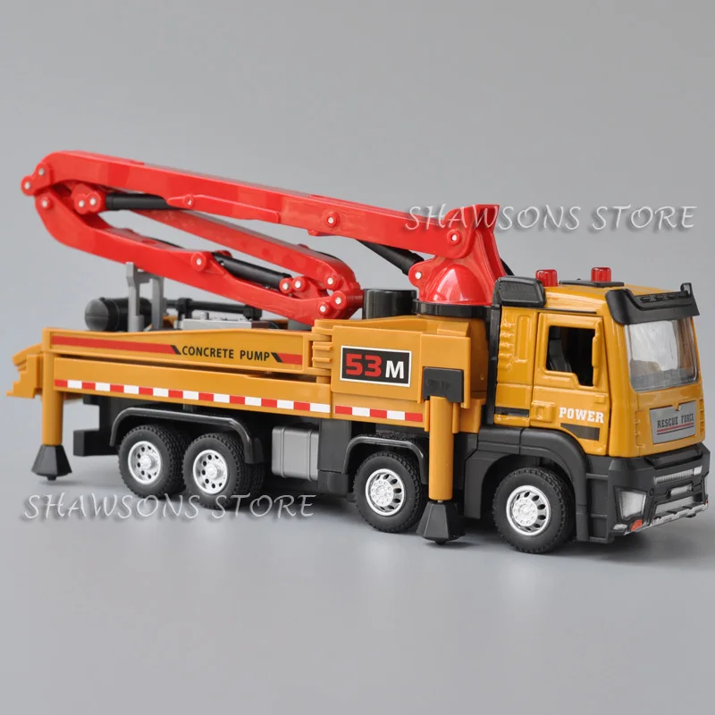 1:50 Diecast Metal Engineering Vehicle Model Toy Concrete Pump Truck Miniature Replica Pull Back Sound Lights