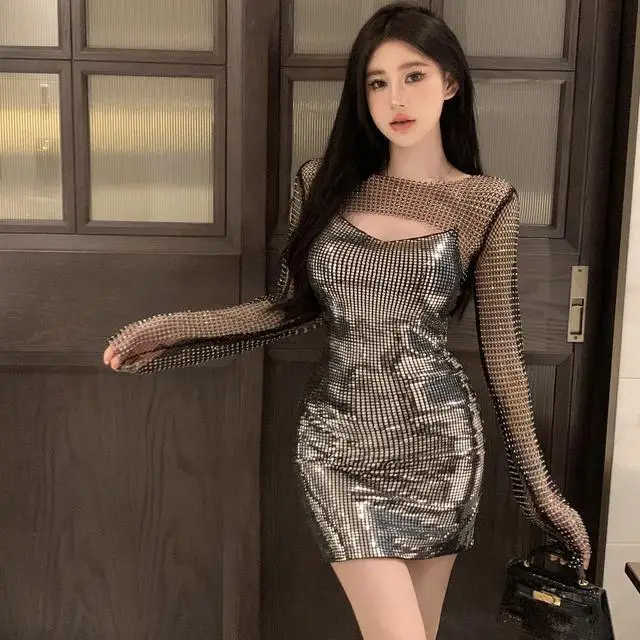 Vroege lente-outfit voor dames Tweedelige set met mesh strass schouderophalen en pailletten bodycon cami-jurk Y2K Pure Desire sexy stijl