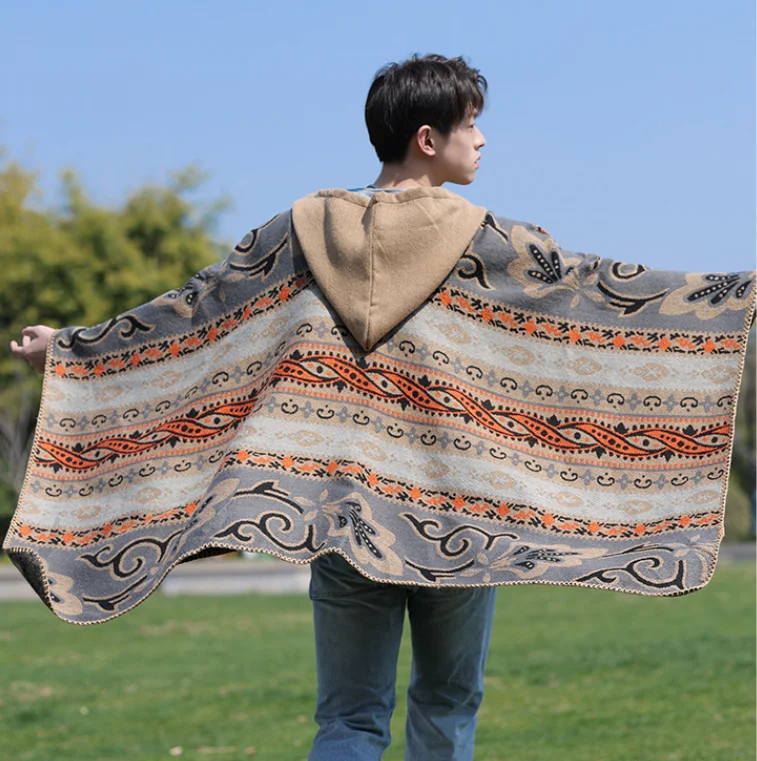Ethnic Style Men's Shawl Winter Warm Cape Travel Outfit Desert Thick Self Driving Travel Photography Cloak jacket Poncho P2