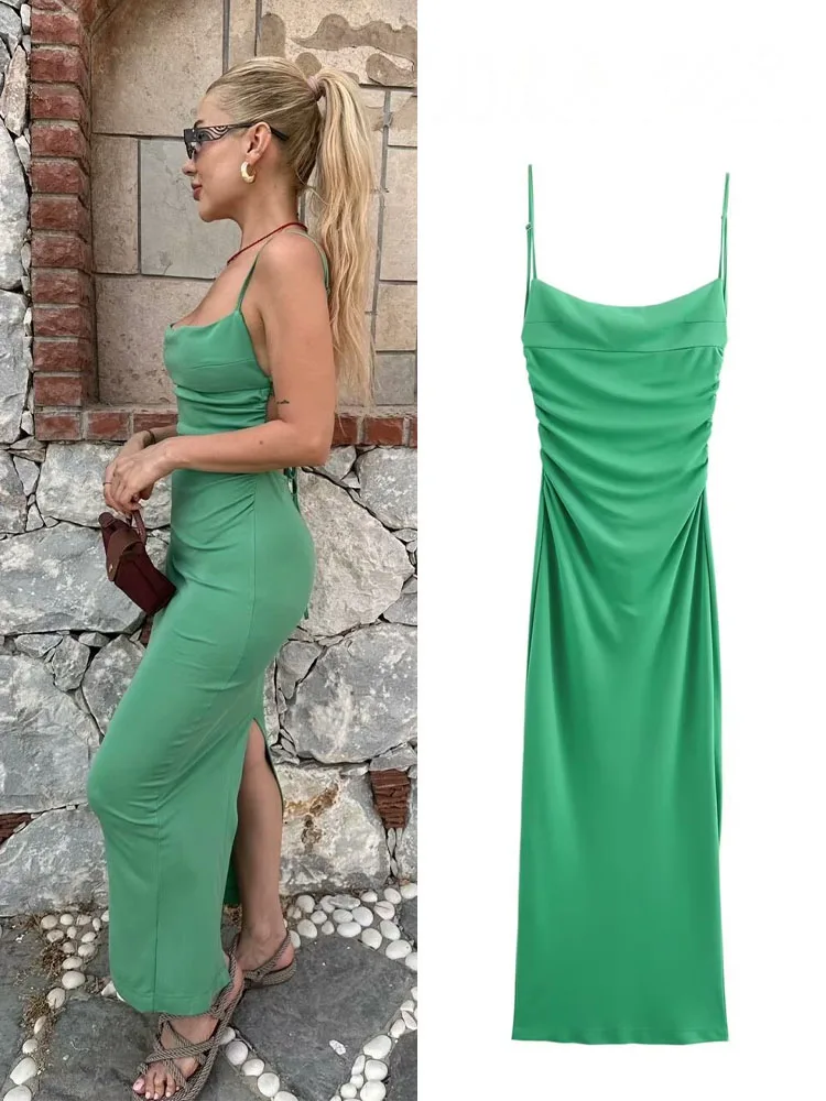 HH レディース新ファッションホリデーバックレスプリーツドレス女性シックエレガントビーチスタイル 4 色足首丈キャミドレス Mujer