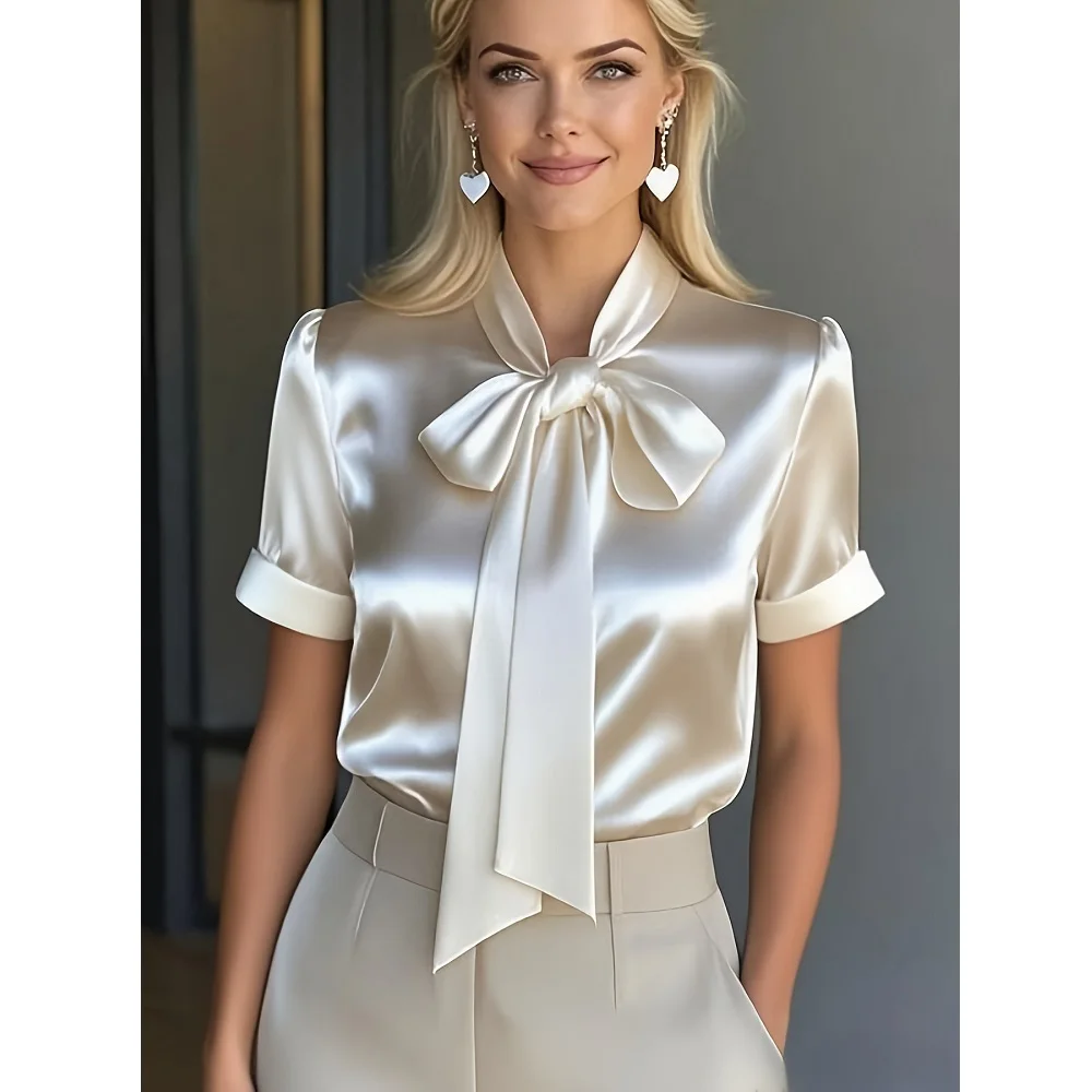  Elegant Satin Bowknot Blouse for Women Summer Short Puff Sleeve Work Shirt Office Business Casual Tops