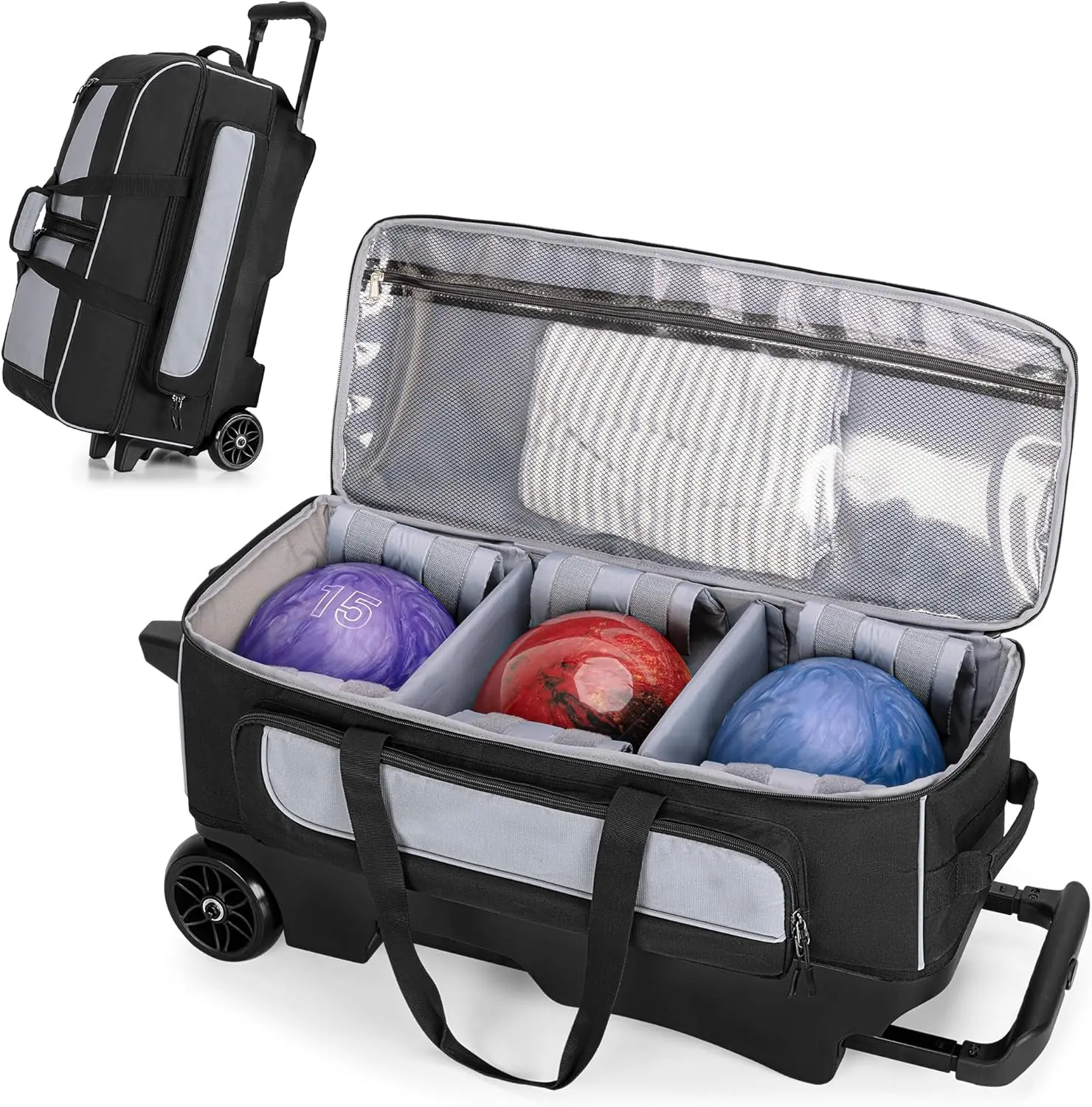 

3 Ball Roller Bowling Bag with Multi Accessory Pockets and Shoes Compartment, Fits 2 Pairs of Size 16 Shoes, 3 Ball Bowling Bags