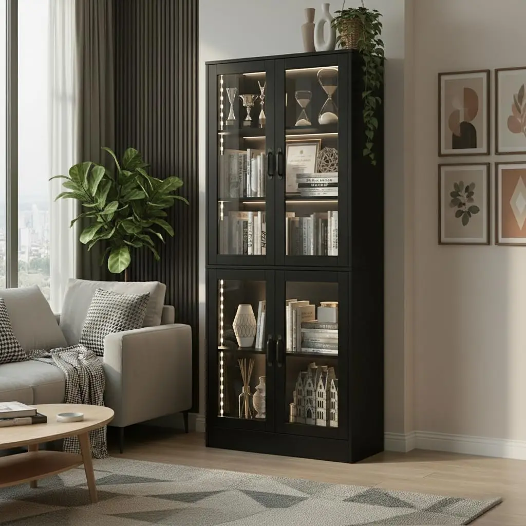5-Tier Glass Door Display Cabinet LED Lights 65" Tall 4-Door Storage Bookshelf Living Room Home Office, Customized - view 2