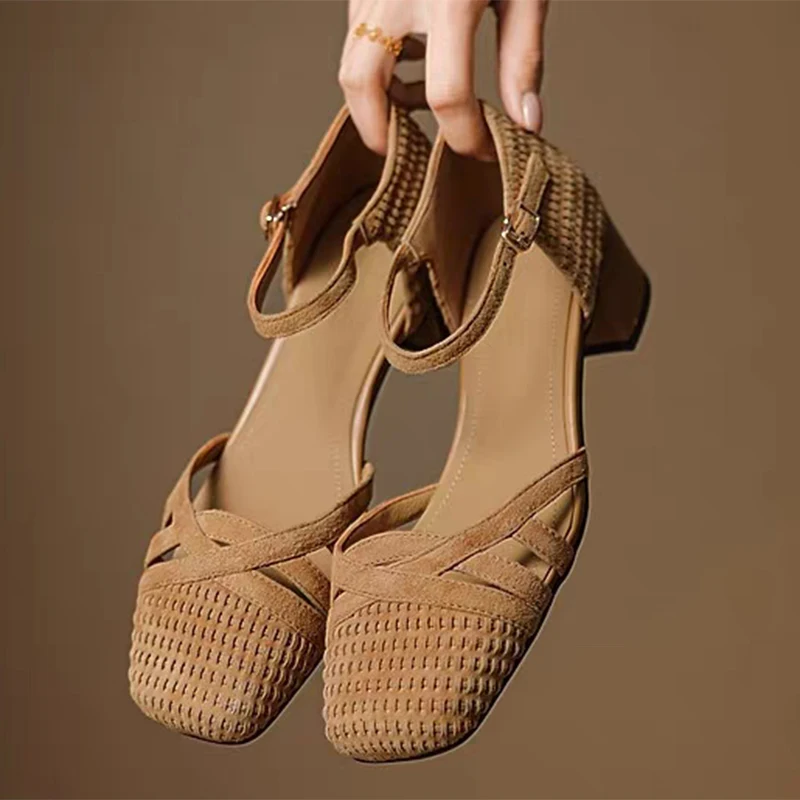 Retro Weave High Heel Sandals Women 2025 Summer Square Toe Ankle Strap Beach Shoes Roman Closed Toe Square Heels Casual Shoes view 4