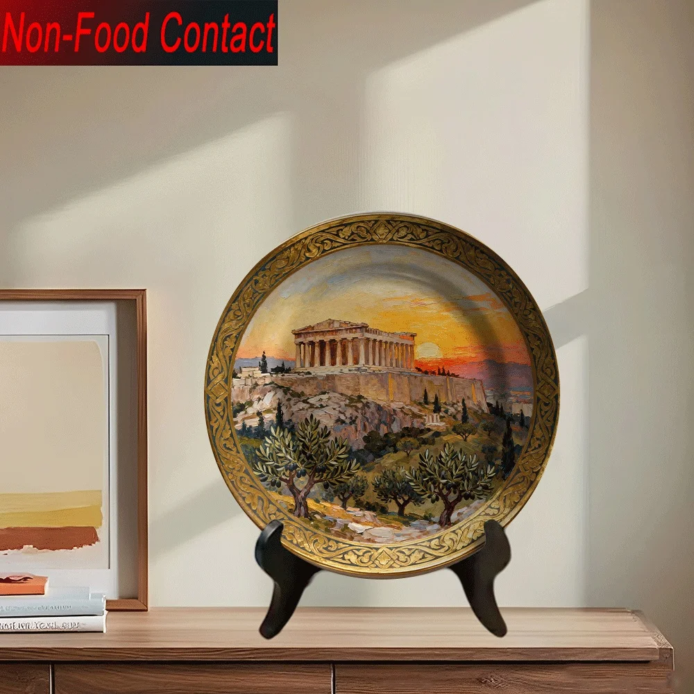 1pc Greek Ancient Architecture Ceramic Plate - Ornate Acropolis & Parthenon Design Round Non-Consumable Decorative Plate for