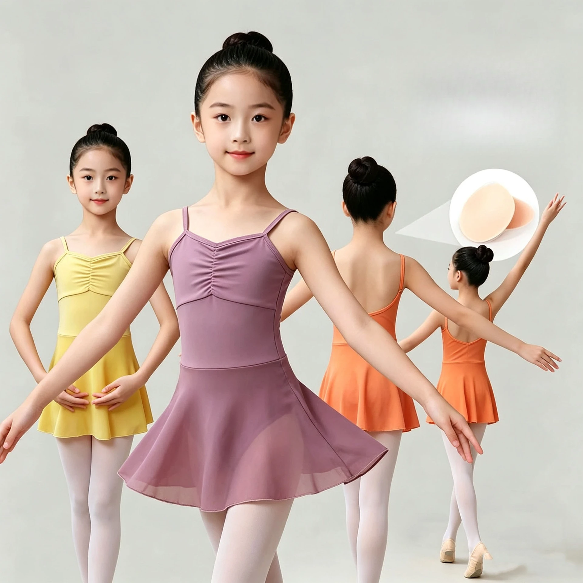 Girls Spaghetti Strap Ballet Tutu Dress With Chest Pad Pocket Lined Mesh Skirt Summer Chinese Dance Gymnastics Training Leotard